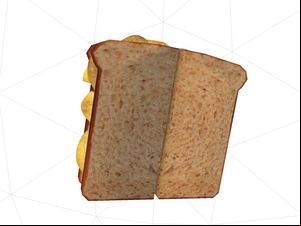 3D model of brown crisp sandwich cut at right angles