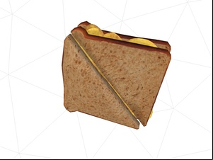 3D model of brown crisp sandwich cut diagonally