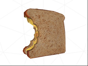 3D model of brown crisp sandwich with bite taken