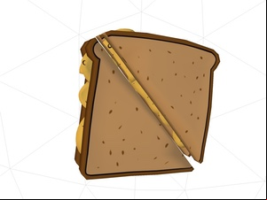 Cartoony 3D model of brown crisp sandwich cut diagonally