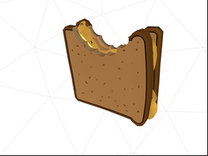 Cartoony 3D model of brown crisp sandwich with bite taken