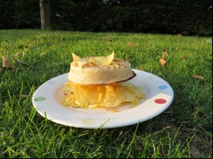 Crumpet among crisps on a plate on grass