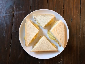 Overhead view of diagonally-cut crisp sandwich