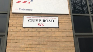 Looking down from Crisp Road sign to show sandwich